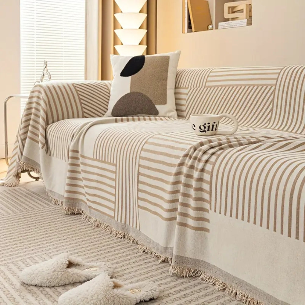 Chenille Sofa Cover Non-Slip Striped Design Easy Maintenance 5