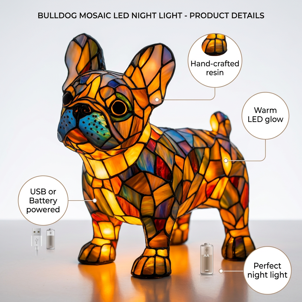 Bulldog LED Mosaic Night Light - Resin Animal Lamp