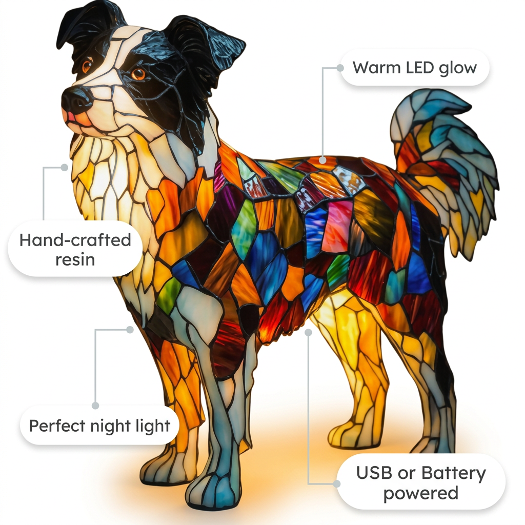 Border Collie LED Mosaic Night Light - Resin Animal Lamp