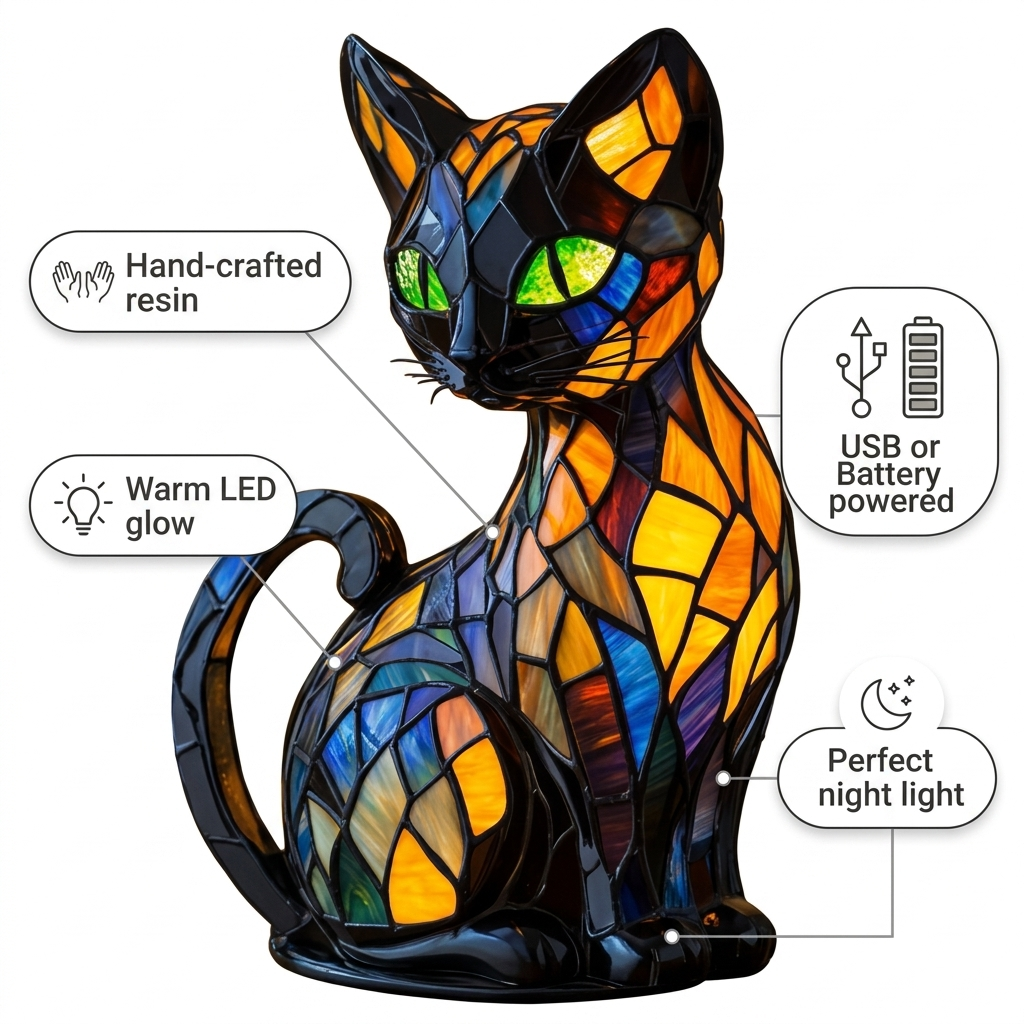 Cat LED Mosaic Night Light - Resin Animal Lamp