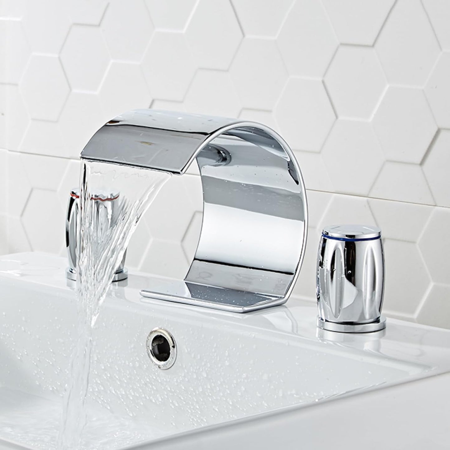 3-hole waterfall bathroom faucet solid brass chrome full view