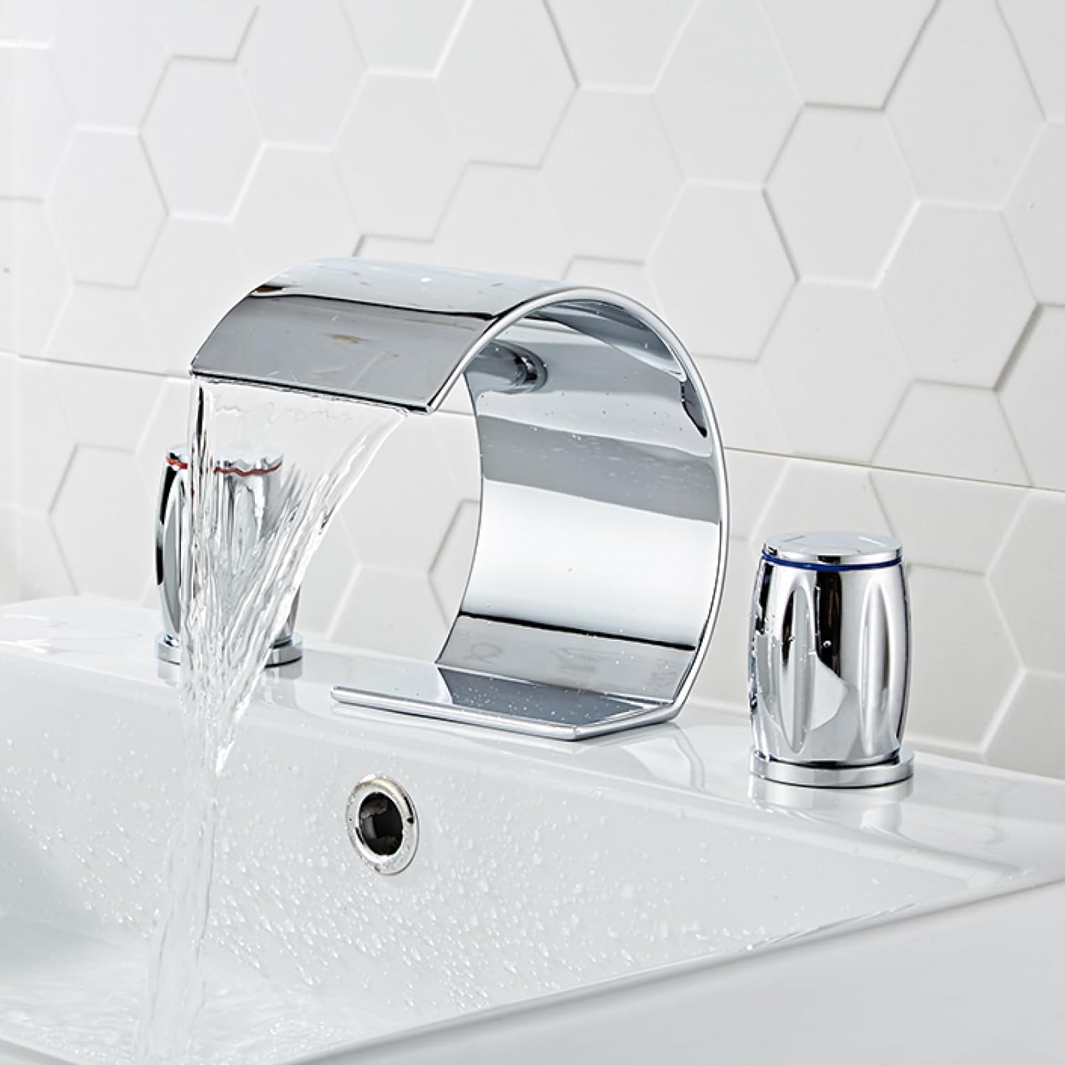 3-hole waterfall bathroom faucet solid brass chrome full view