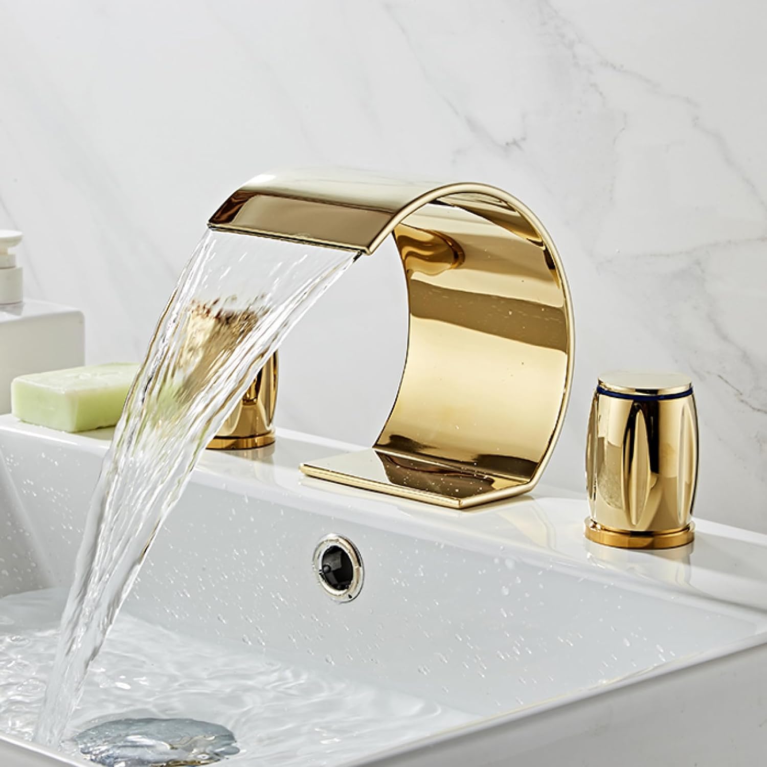 Dual handle waterfall faucet open channel cascade flow
