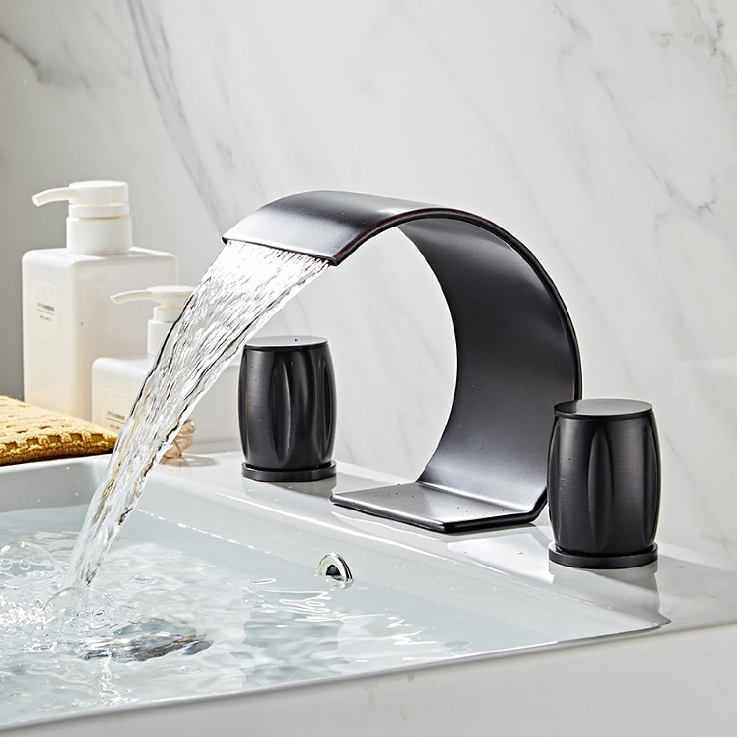 Waterfall bathroom faucet 3-hole widespread solid brass detail view