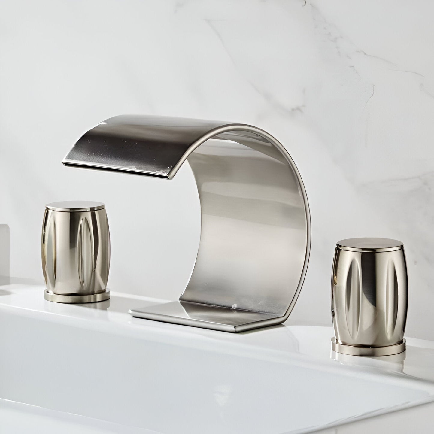 Waterfall faucet 3-hole widespread brushed finish bathroom sink