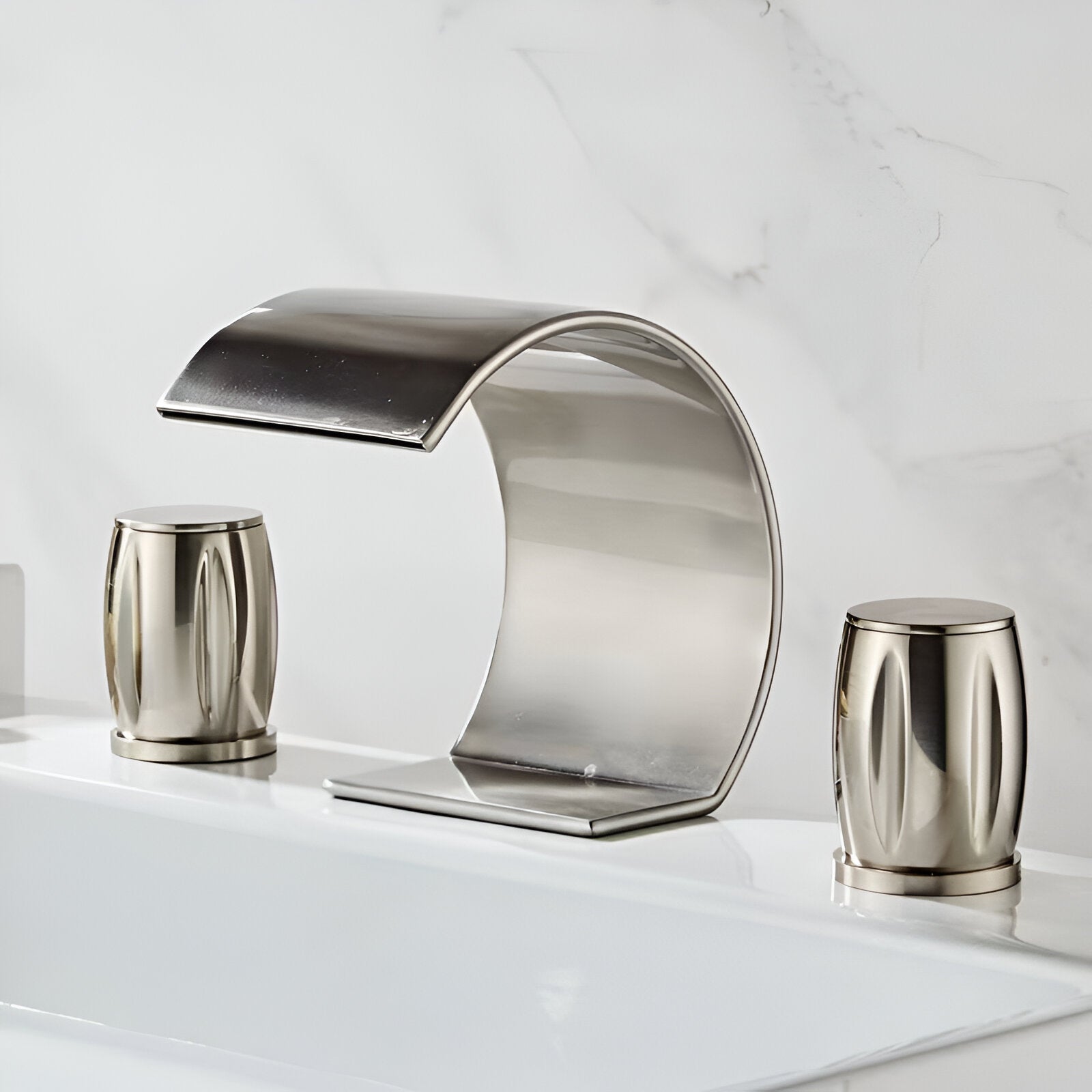Waterfall faucet 3-hole widespread brushed finish bathroom sink