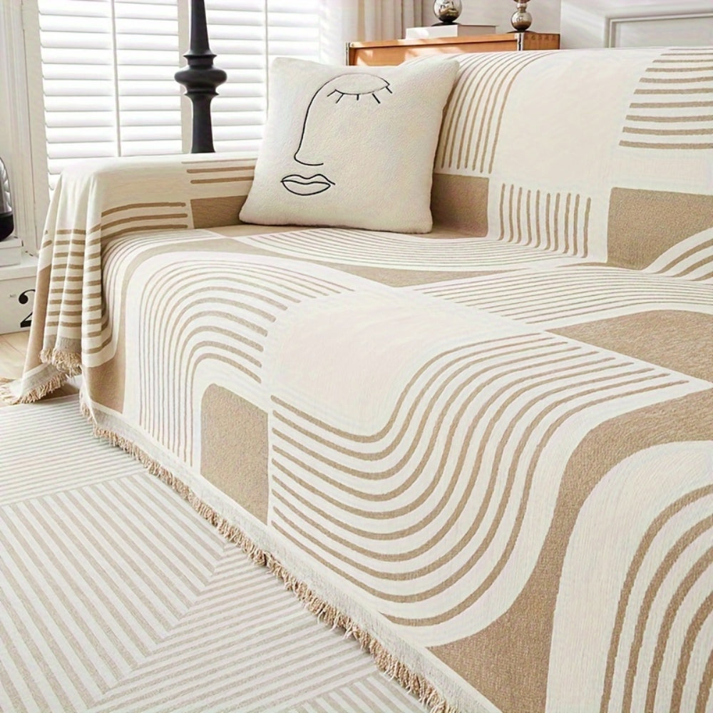 Boho Sofa Cover Wavy Stripe Soft Chenille Reversible Design 1