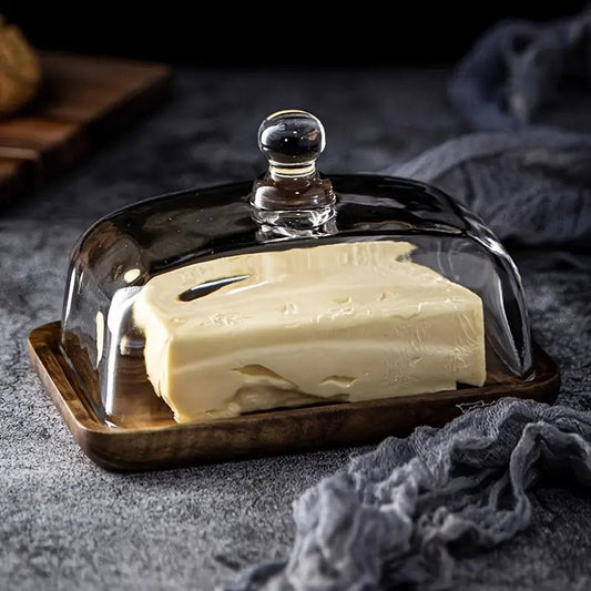 Butter Dish with Lid Glass and Wood Elegant Storage for Cheese 0