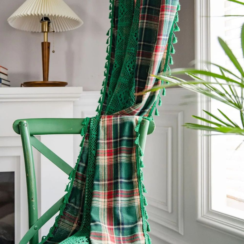 Cafe Curtains Tartan Crochet Lace Panel Cozy Vintage Design 1