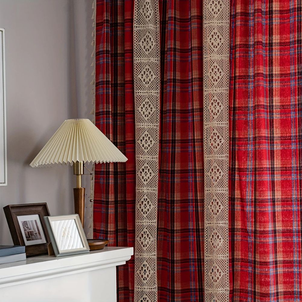 Cafe Curtains Tartan Crochet Lace Panel Cozy Vintage Design 5