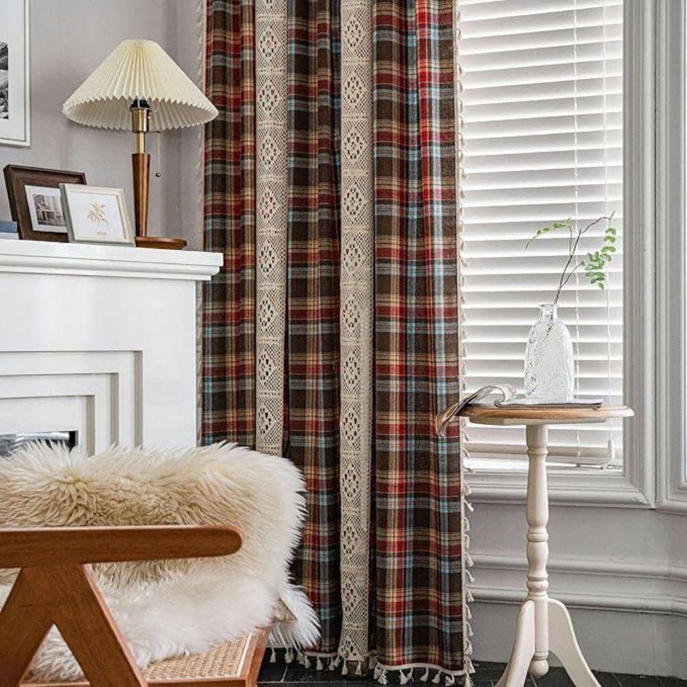 Cafe Curtains Tartan Crochet Lace Panel Cozy Vintage Design 7