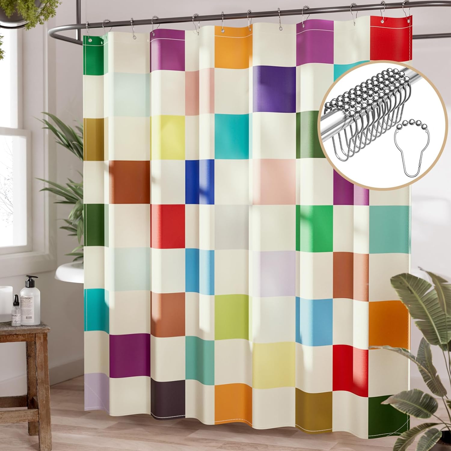 Checkered Shower Curtain with Water-Repellent Fabric & Rust-Resistant Rings | Unique Patterns for Stylish Bathrooms 0