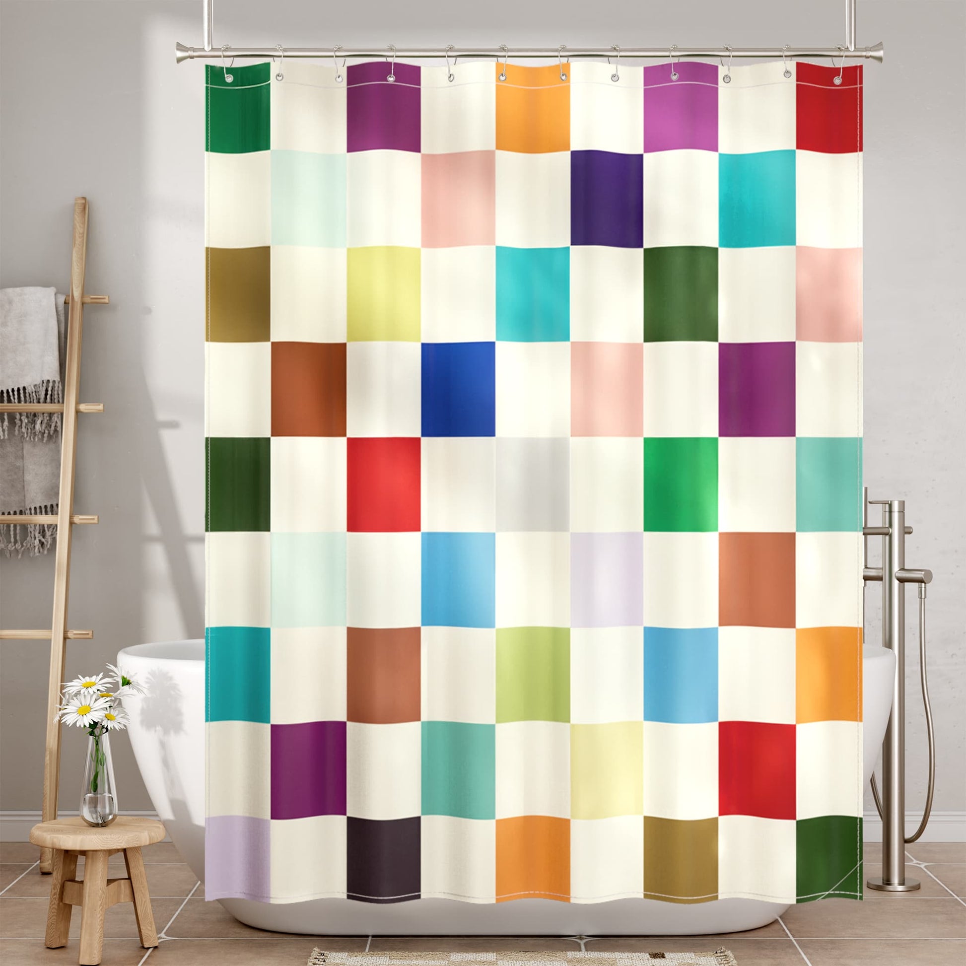 Checkered Shower Curtain with Water-Repellent Fabric & Rust-Resistant Rings | Unique Patterns for Stylish Bathrooms 1