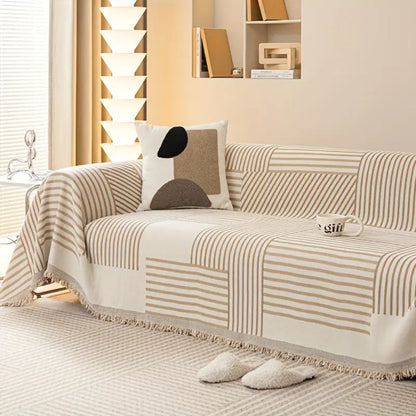 Chenille Sofa Cover Non-Slip Striped Design Easy Maintenance 3