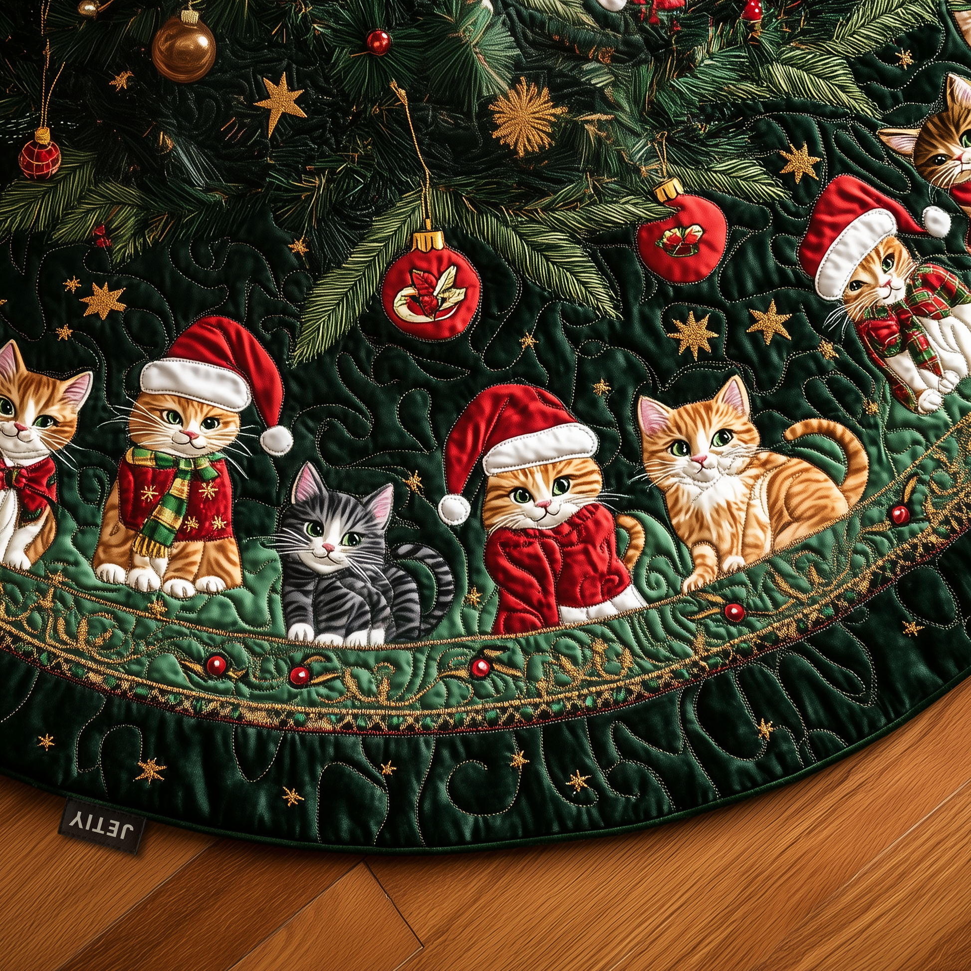Christmas Cat Quilted Tree Skirt Durable Festive Decor 0