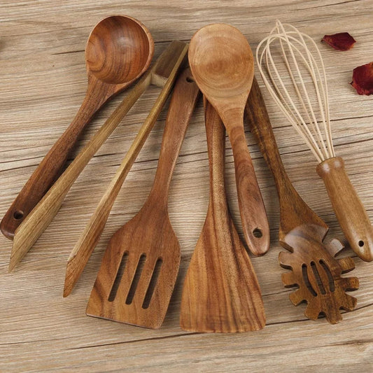 Cooking Utensils Set 7 Pieces Wooden Non-Stick Durable Kitchen Tools 0