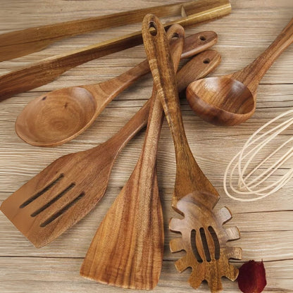 Cooking Utensils Set 7 Pieces Wooden Non-Stick Durable Kitchen Tools 4