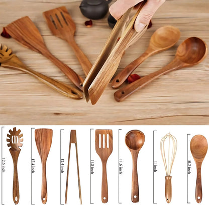 Cooking Utensils Set 7 Pieces Wooden Non-Stick Durable Kitchen Tools 5
