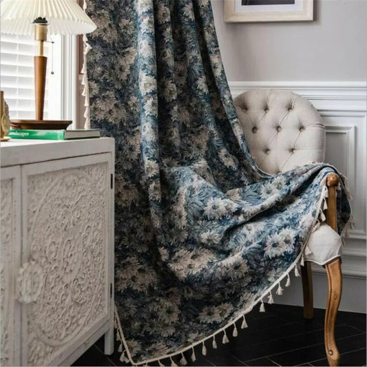 Curtains Navy Floral Light Filtering with Tassels for Boho Decor 0
