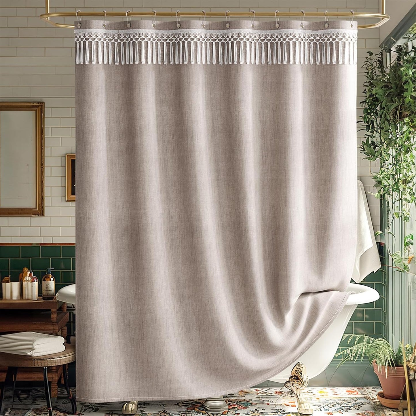Elegant Farmhouse | Linen Shower Curtain with Tassel Accents | Soft Faux Linen for Stylish Bathroom Decor 0