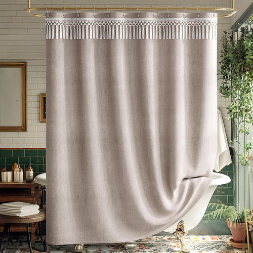 Elegant Farmhouse | Linen Shower Curtain with Tassel Accents | Soft Faux Linen for Stylish Bathroom Decor 0