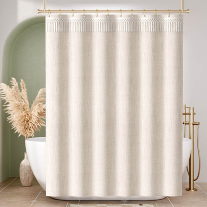 Elegant Farmhouse | Linen Shower Curtain with Tassel Accents | Soft Faux Linen for Stylish Bathroom Decor 1
