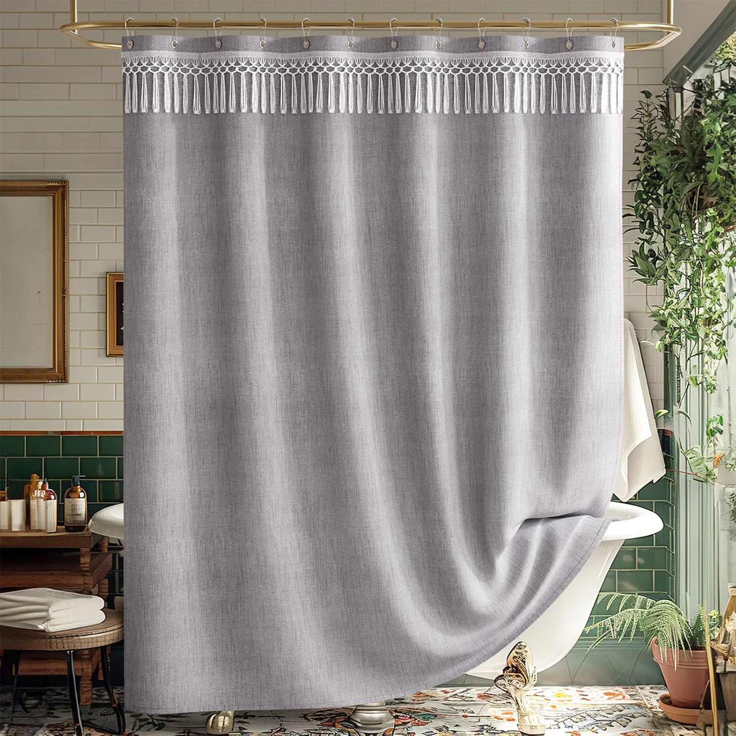 Elegant Farmhouse | Linen Shower Curtain with Tassel Accents | Soft Faux Linen for Stylish Bathroom Decor 10