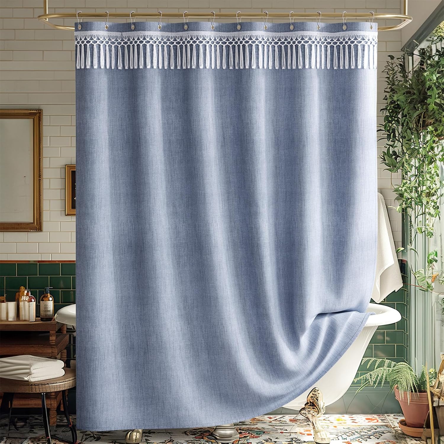 Elegant Farmhouse | Linen Shower Curtain with Tassel Accents | Soft Faux Linen for Stylish Bathroom Decor 11