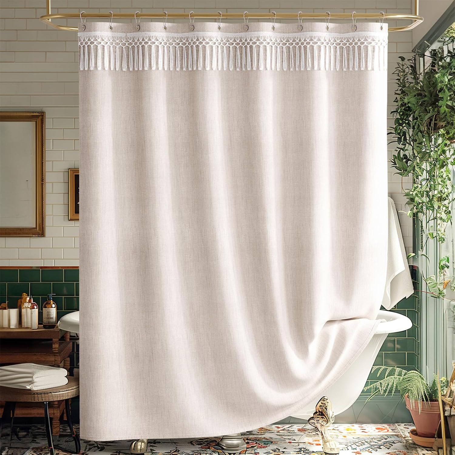 Elegant Farmhouse | Linen Shower Curtain with Tassel Accents | Soft Faux Linen for Stylish Bathroom Decor 7