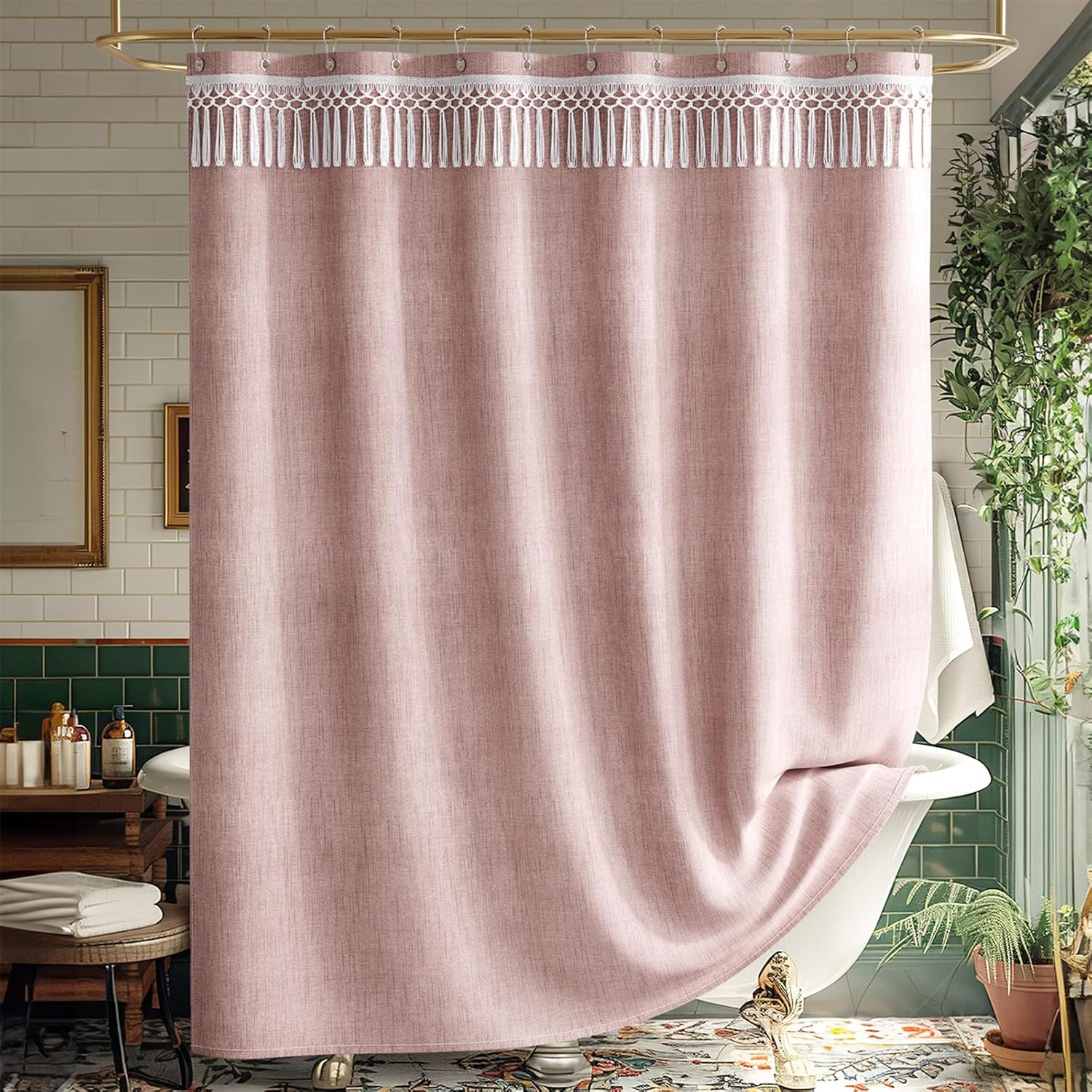 Elegant Farmhouse | Linen Shower Curtain with Tassel Accents | Soft Faux Linen for Stylish Bathroom Decor 8