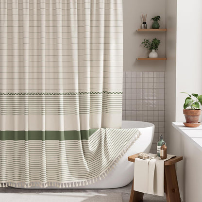 Elegant Home | Farmhouse Shower Curtain with Tassels & Stripe Design | Soft Faux Linen for Luxurious Bathroom Style 0