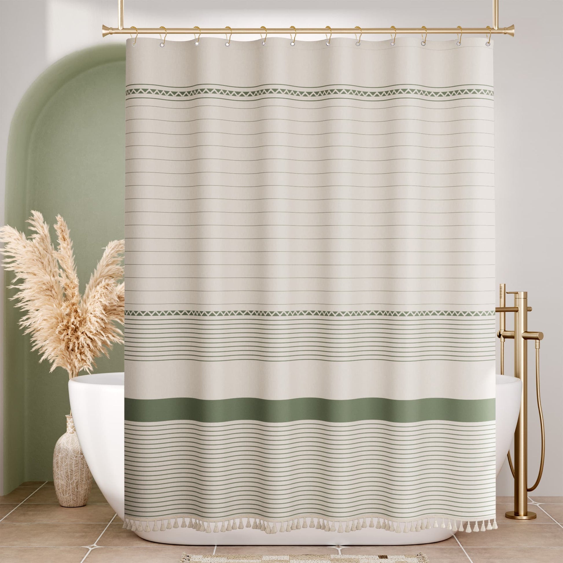 Elegant Home | Farmhouse Shower Curtain with Tassels & Stripe Design | Soft Faux Linen for Luxurious Bathroom Style 1