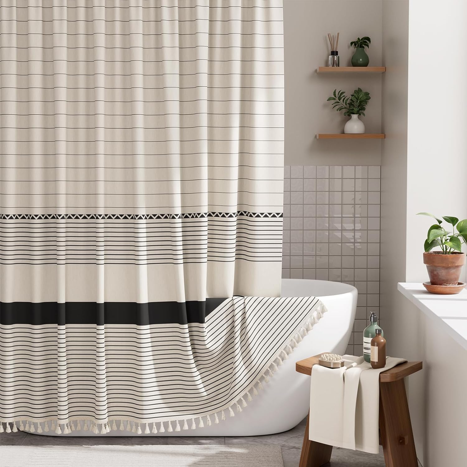 Elegant Home | Farmhouse Shower Curtain with Tassels & Stripe Design | Soft Faux Linen for Luxurious Bathroom Style 10