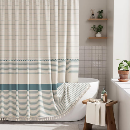Elegant Home | Farmhouse Shower Curtain with Tassels & Stripe Design | Soft Faux Linen for Luxurious Bathroom Style 11