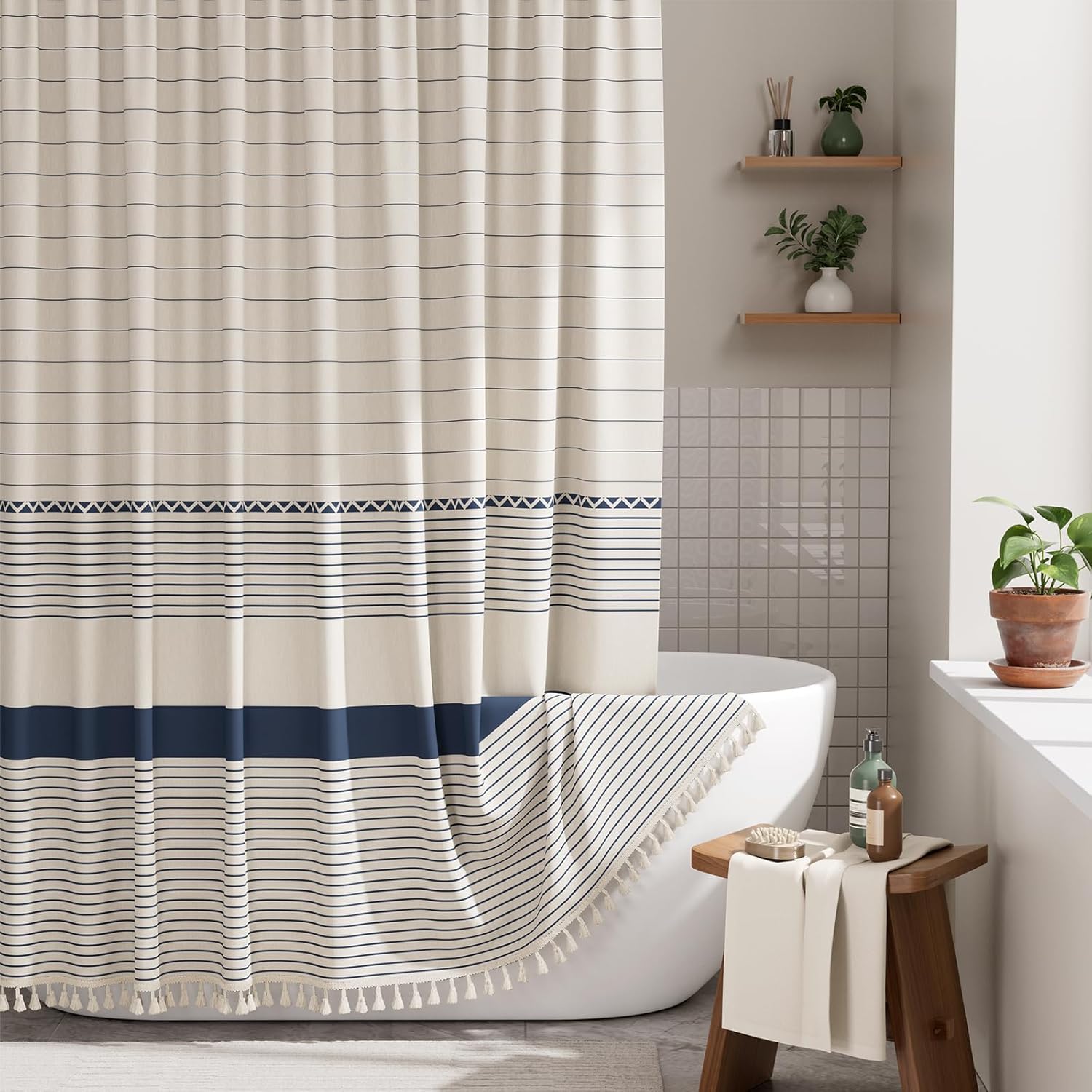 Elegant Home | Farmhouse Shower Curtain with Tassels & Stripe Design | Soft Faux Linen for Luxurious Bathroom Style 12