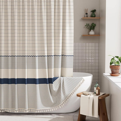 Elegant Home | Farmhouse Shower Curtain with Tassels & Stripe Design | Soft Faux Linen for Luxurious Bathroom Style 12