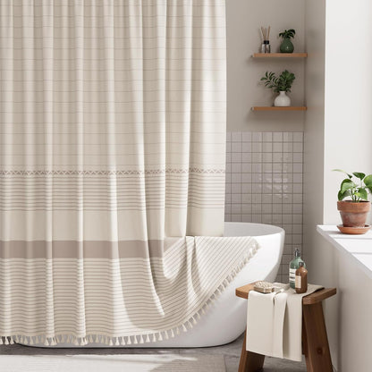 Elegant Home | Farmhouse Shower Curtain with Tassels & Stripe Design | Soft Faux Linen for Luxurious Bathroom Style 13