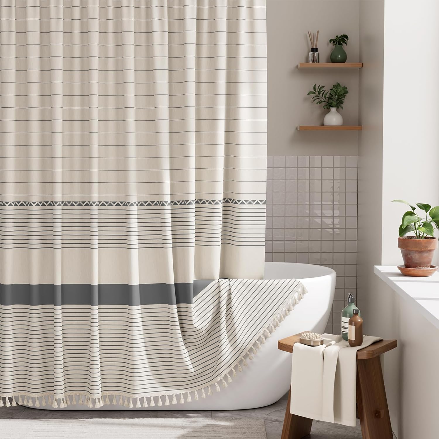 Elegant Home | Farmhouse Shower Curtain with Tassels & Stripe Design | Soft Faux Linen for Luxurious Bathroom Style 7