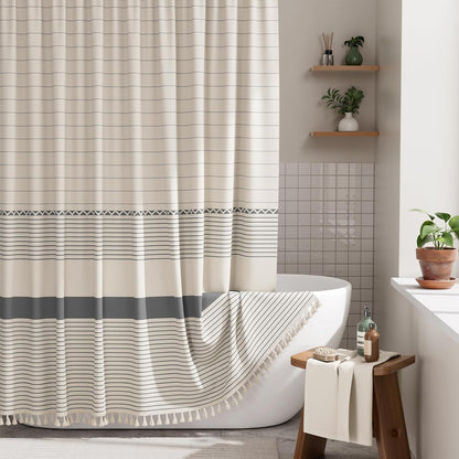 Elegant Home | Farmhouse Shower Curtain with Tassels & Stripe Design | Soft Faux Linen for Luxurious Bathroom Style 7