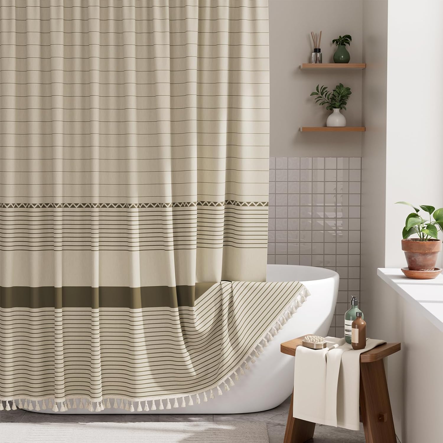 Elegant Home | Farmhouse Shower Curtain with Tassels & Stripe Design | Soft Faux Linen for Luxurious Bathroom Style 8