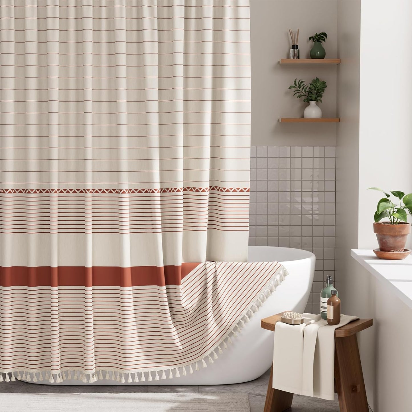 Elegant Home | Farmhouse Shower Curtain with Tassels & Stripe Design | Soft Faux Linen for Luxurious Bathroom Style 9
