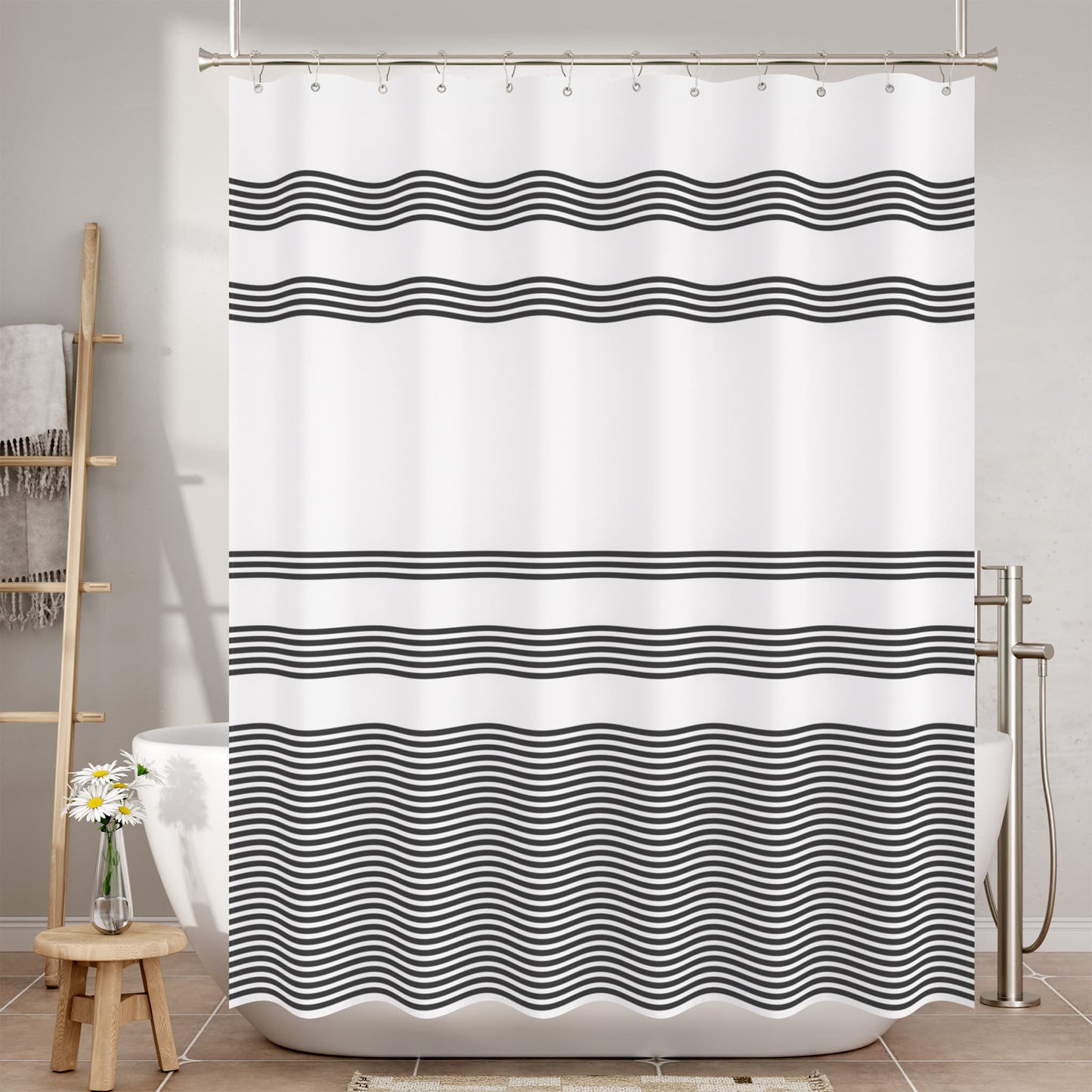 Elegant Stripe Shower Curtain with Unique Artwork & Rust-Resistant Rings for Luxurious Bathroom Decor 1