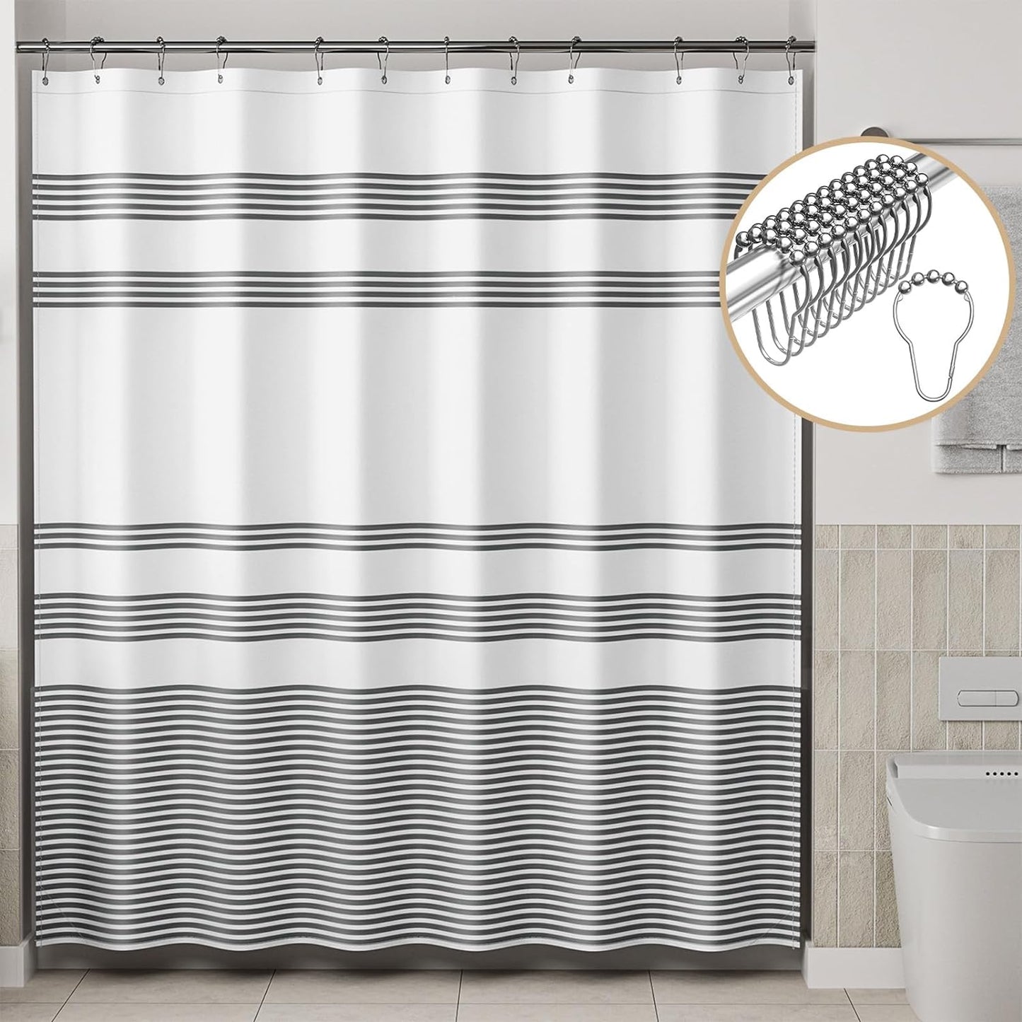 Elegant Stripe Shower Curtain with Unique Artwork & Rust-Resistant Rings for Luxurious Bathroom Decor 4
