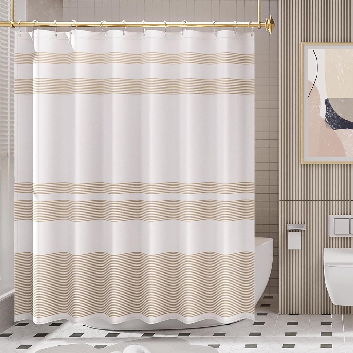 Elegant Stripe Shower Curtain with Unique Artwork & Rust-Resistant Rings for Luxurious Bathroom Decor 7