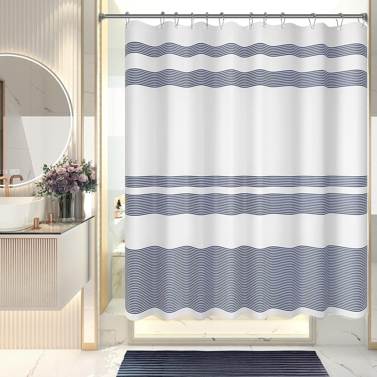 Elegant Stripe Shower Curtain with Unique Artwork & Rust-Resistant Rings for Luxurious Bathroom Decor 8