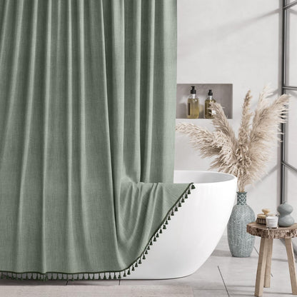Farmhouse Collection | Shower Curtain with Boho Tassels | Elegant Faux Linen Decor for Modern Bathrooms 0