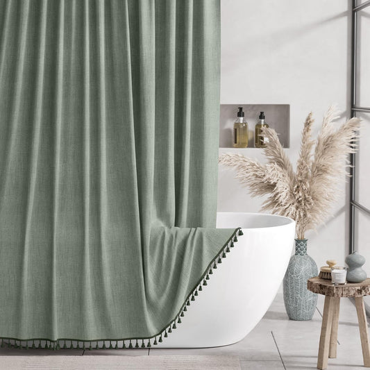 Farmhouse Collection | Shower Curtain with Boho Tassels | Elegant Faux Linen Decor for Modern Bathrooms 0