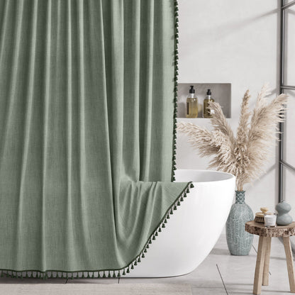 Farmhouse Collection | Shower Curtain with Boho Tassels | Elegant Faux Linen Decor for Modern Bathrooms 1