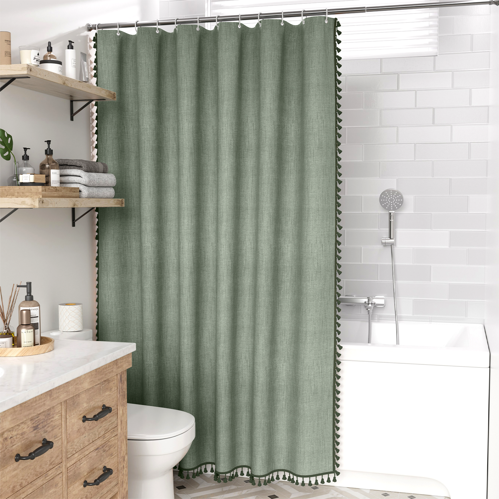 Farmhouse Collection | Shower Curtain with Boho Tassels | Elegant Faux Linen Decor for Modern Bathrooms 2