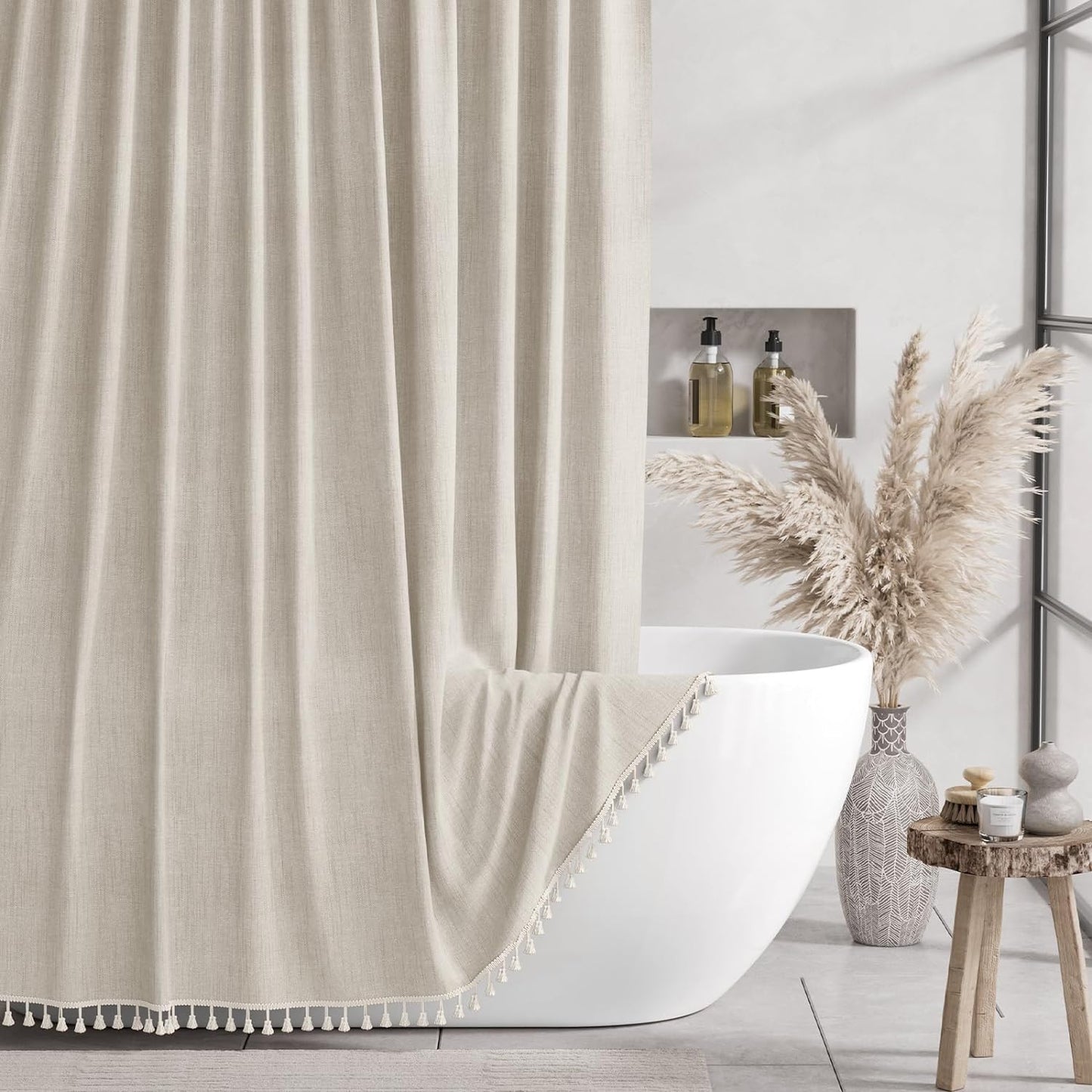 Farmhouse Collection | Shower Curtain with Boho Tassels | Elegant Faux Linen Decor for Modern Bathrooms 7